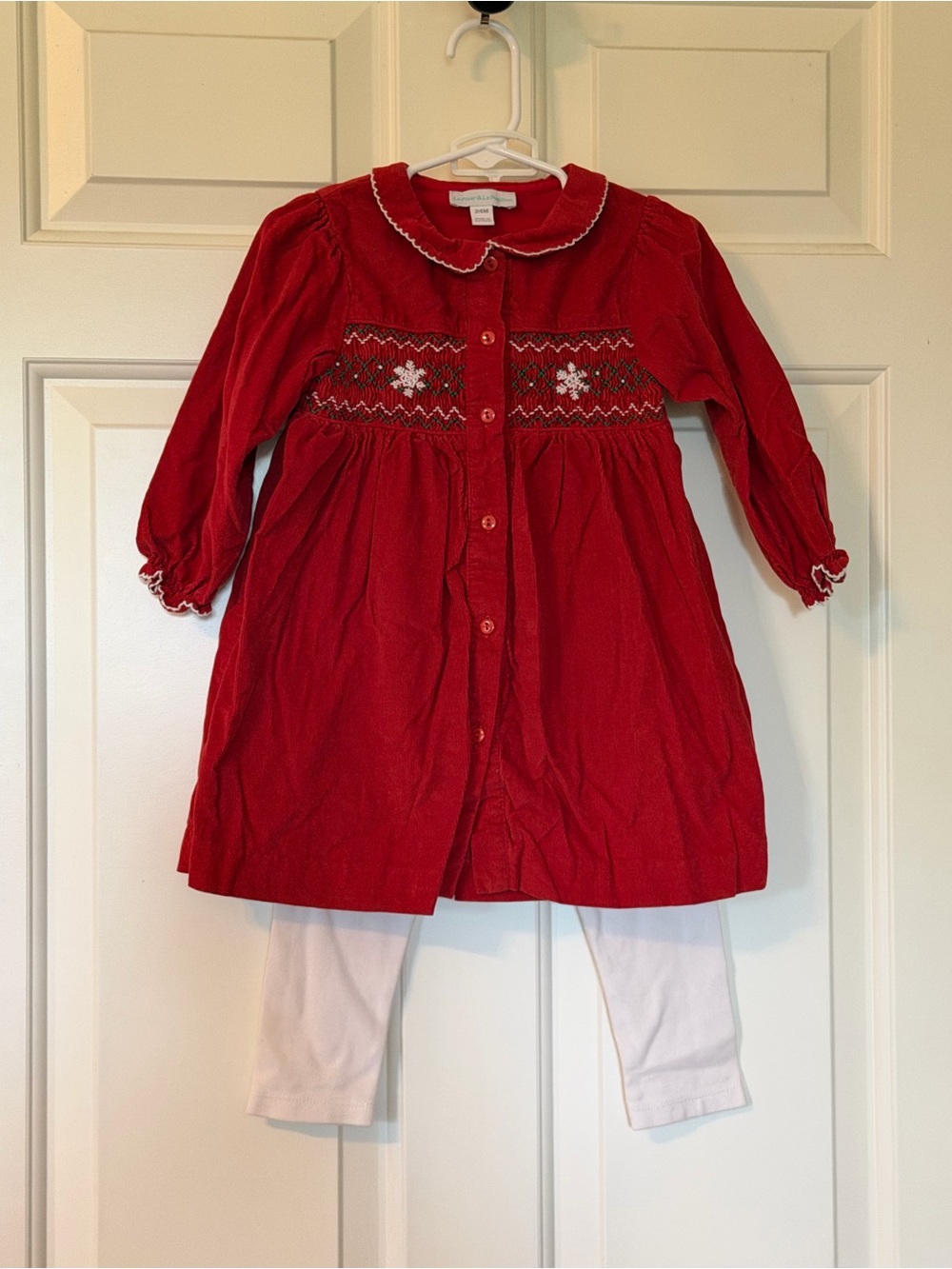 Girls Red Smocked Corduroy Button-Down Dress Set
